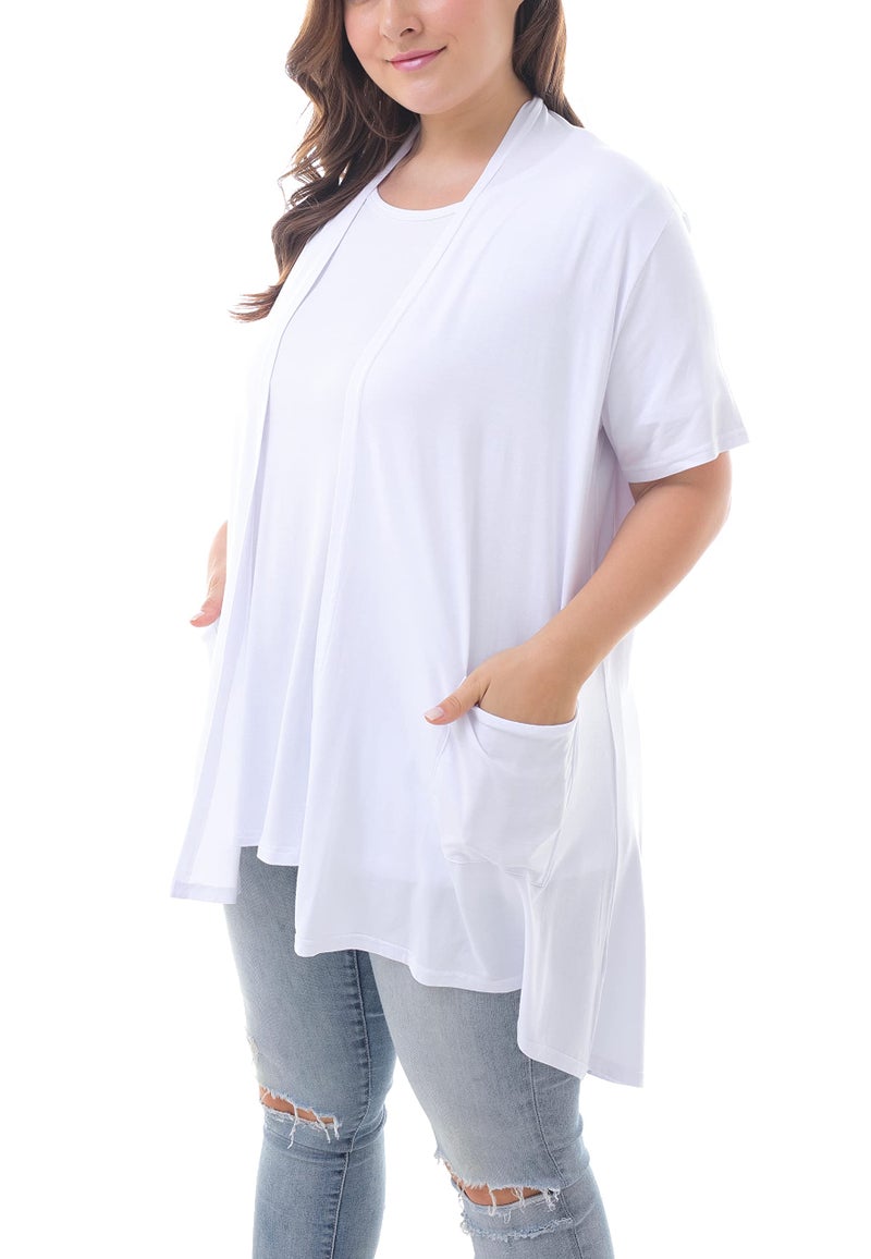 ZERDOCEAN Women's Plus Size Short Sleeve Lightweight Soft Printed Drape Cardigan with Pockets White 4X - Image 4
